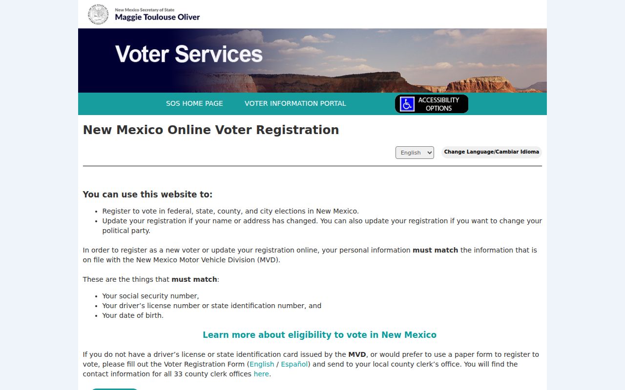 New Mexico resident lookup reference showing state voter registration and update instructions