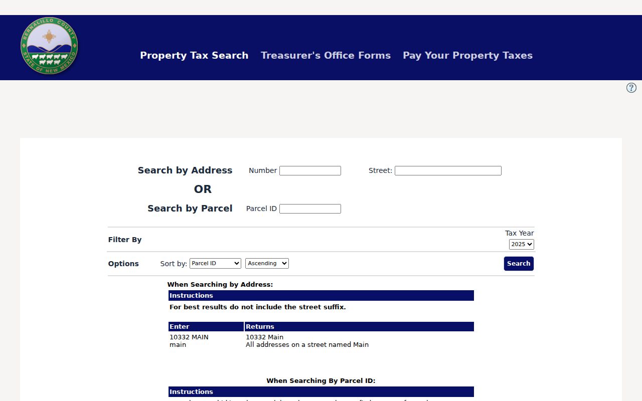 New Mexico residents directory research: Bernalillo County Treasurer search fields for address, parcel ID, and tax year